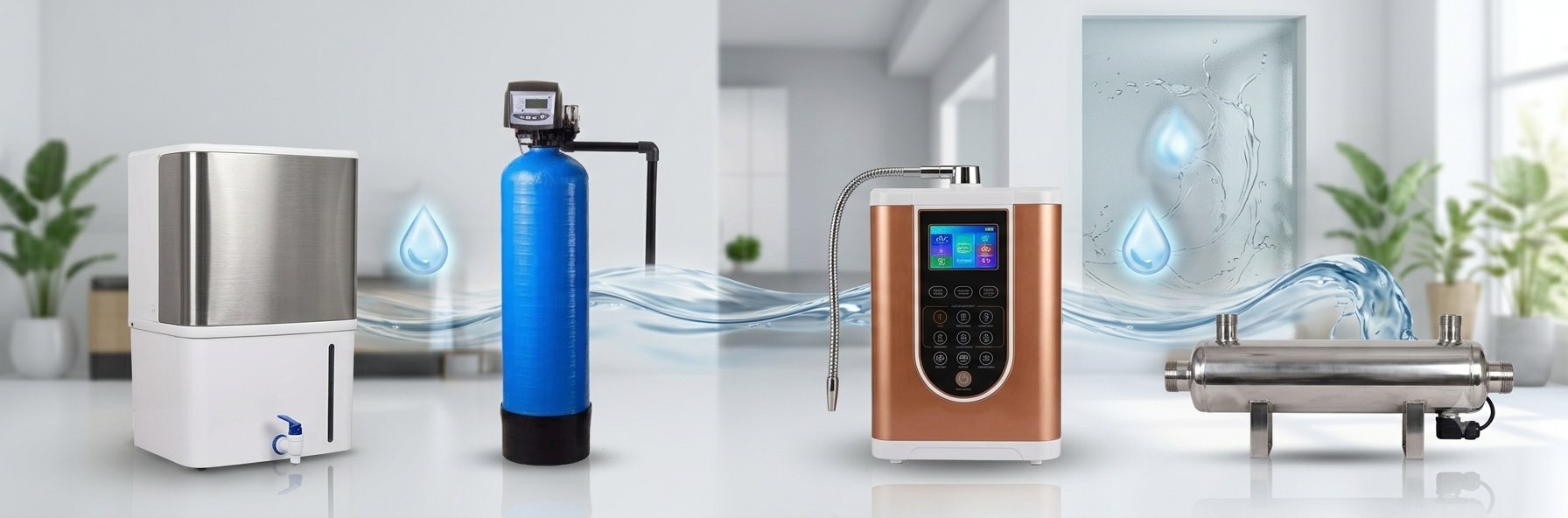 RK Smart Water Tech product range — RO purifier, water softener, alkaline water ioniser and UV filter